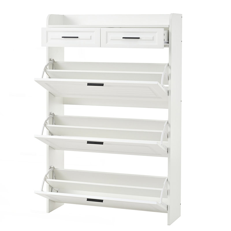 Spacious Two-Drawer Three-Fold Door Shoe Cabinet With Large Storage, Living Room Cabinet, White
