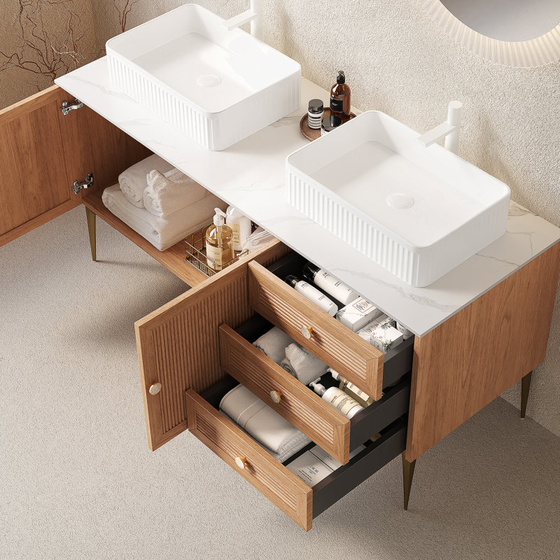 Meuble-lavabo de salle de bain avec lavabos, armoire de rangement autoportante, plusieurs tiroirs et portes, lavabos en céramique, pré-assemblé pour une installation facile