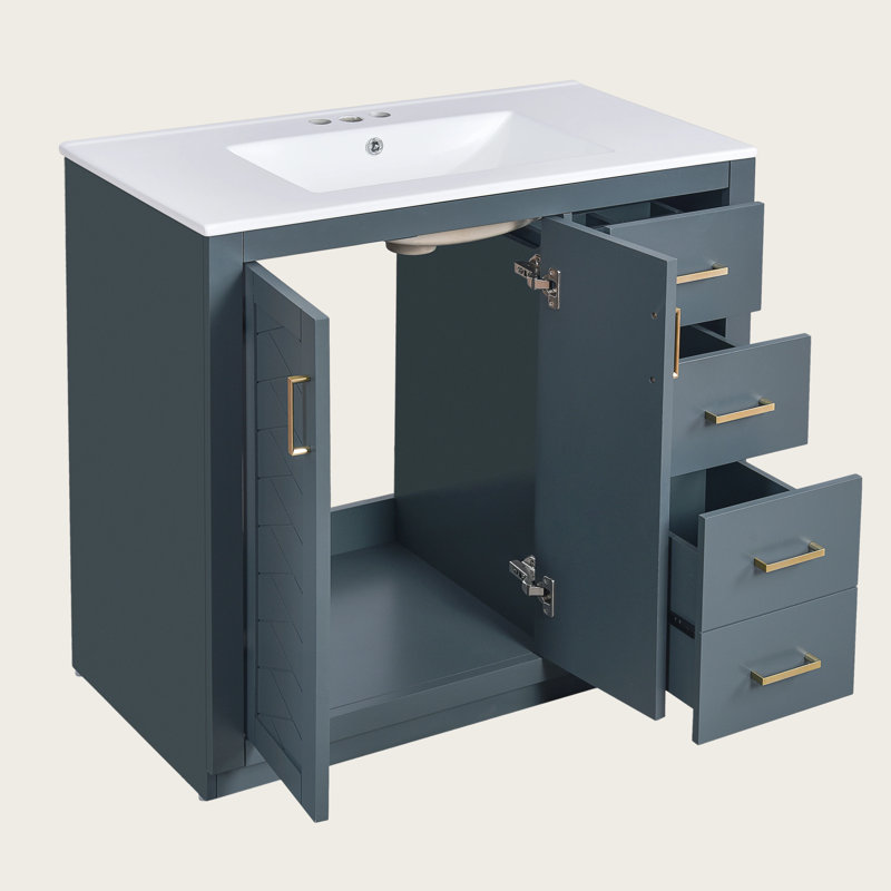 Meuble-lavabo autoportant avec lavabo en céramique, structure en bois massif, 3 tiroirs, portes à fermeture en douceur, Doré