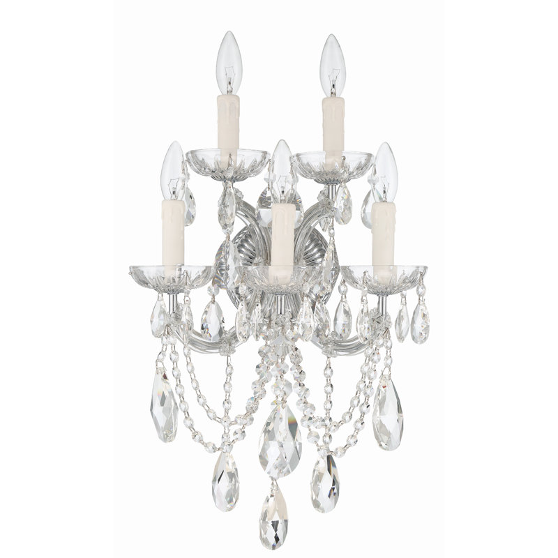 Bohemian 5 Light Crystal Candle Wall Sconce, Chrome, Majestic Wood Polished