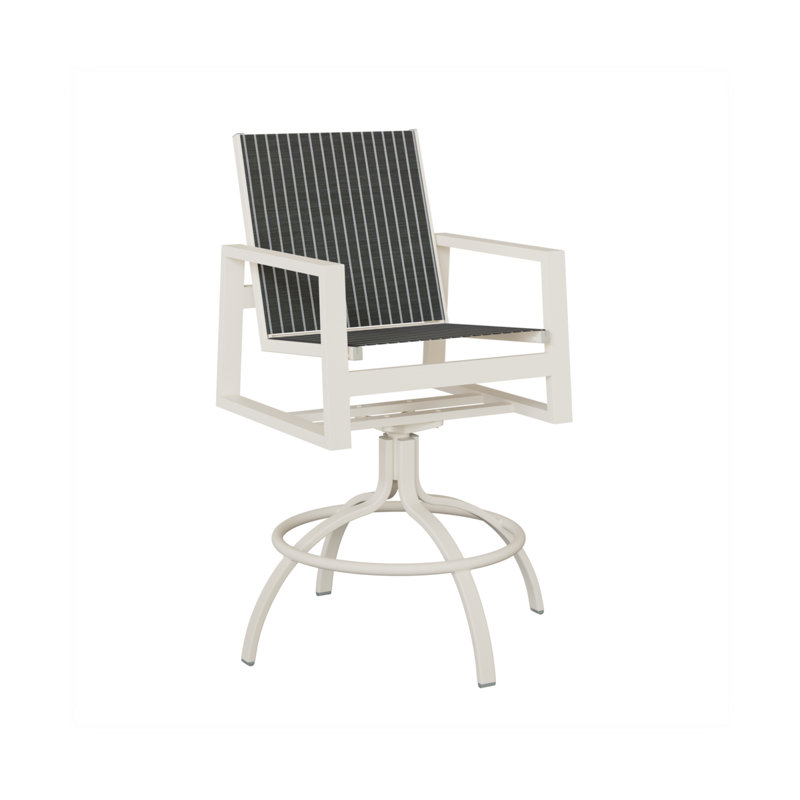 Chaise de bar pivotante en aluminium blanc mat Ceasar avec tissu à rayures bleu marine Whisper, Blanc mat