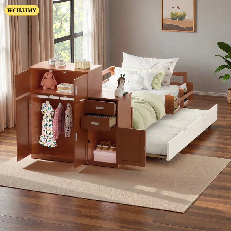 WCHJJMY Twin Size Wood Platform Bed With Sample Bookshelf And Movable Wardrobe, Multifunctional Bed With Built-In Trundle Bed, Walnut