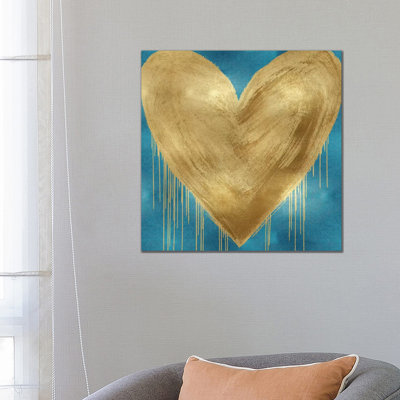 Big Hearted Gold on Aqua 1 Piece Wrapped Canvas Wall Art