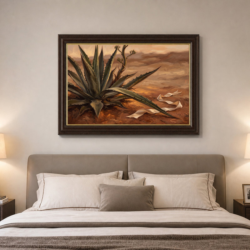 «Green Agave Succulent in Brown Desert Landscape», peinture sur toile, 16"H x 24"W