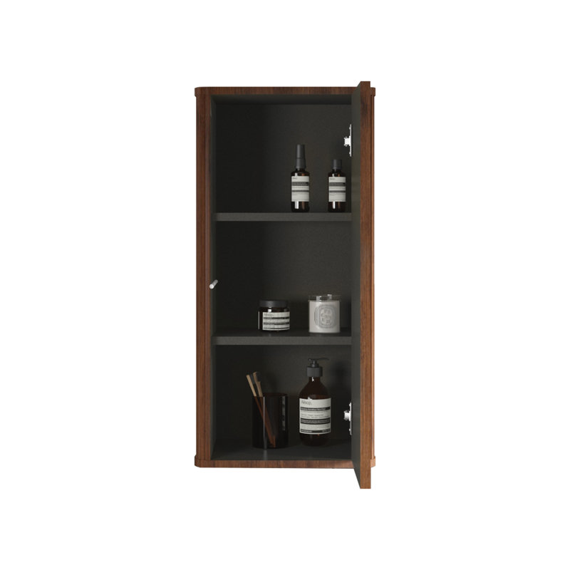 Tablette latérale de salle de bain, aspect noyer rayé, porte à ouverture par pression, intérieur à tablettes pour rangement organisé, coffre-fort courbé, armoire flottante en bois d'ingénierie, texture, design intérieur soigné,