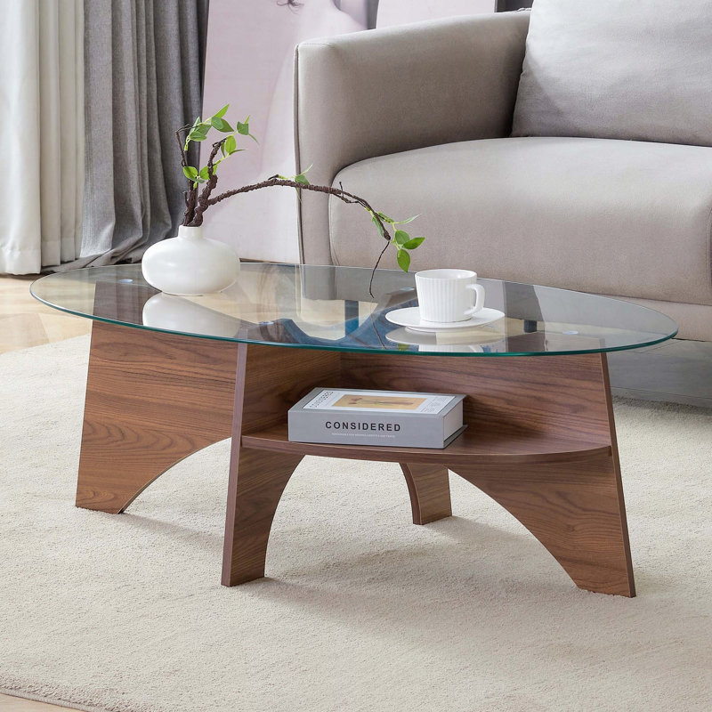 Table basse ovale en verre trempé avec piédestal en forme d'éventail - 41,3 po x 23,6 po