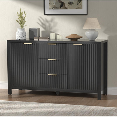 Buffet, armoire de rangement latérale avec deux portes et trois tiroirs pour la cuisine et le salon, noir