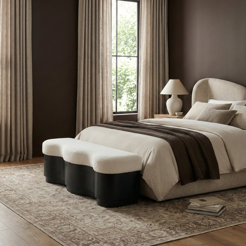 Savoy Mariaclara Velour Fur Fabric Bench, Cream Velour Fabric, Black