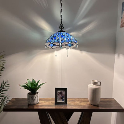 Omer Tiffany Hanging Lighting Blue Stained Glass Dragonfly LED Bulbs Included 16”W*16”D*75”H