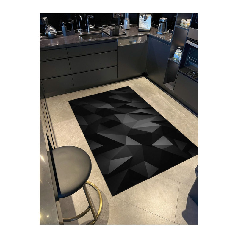 Tapis tissé à motif géométrique noir mat et tapis lavable, Sous-tapis carré 4 pi 11 po inclus