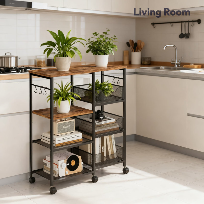4-Tier Rolling Kitchen Island Cart With Storage Shelves, Locking Casters & Removable Hooks - Mobile Kitchen Cart For Coffee Bar, Pantry Organization, And Dining Room