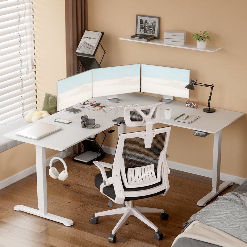 63" L Shaped Home Office Height Adjustable Electric Standing Desk, 45.7" H x 63" W x 55" D, White