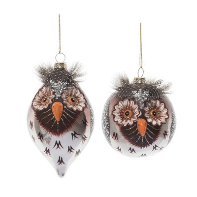  Ensemble de 2 décorations de Noël en forme de hibou en verre avec plumes
