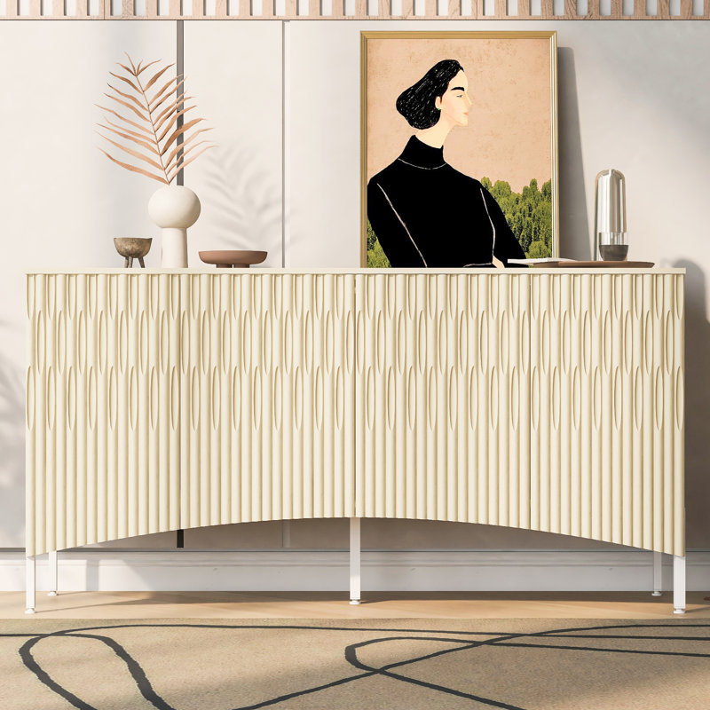 Buffet beige d'étude - Porte courbée avec rainure arquée, console élégante et conception, capacité de tablette de 55 lb