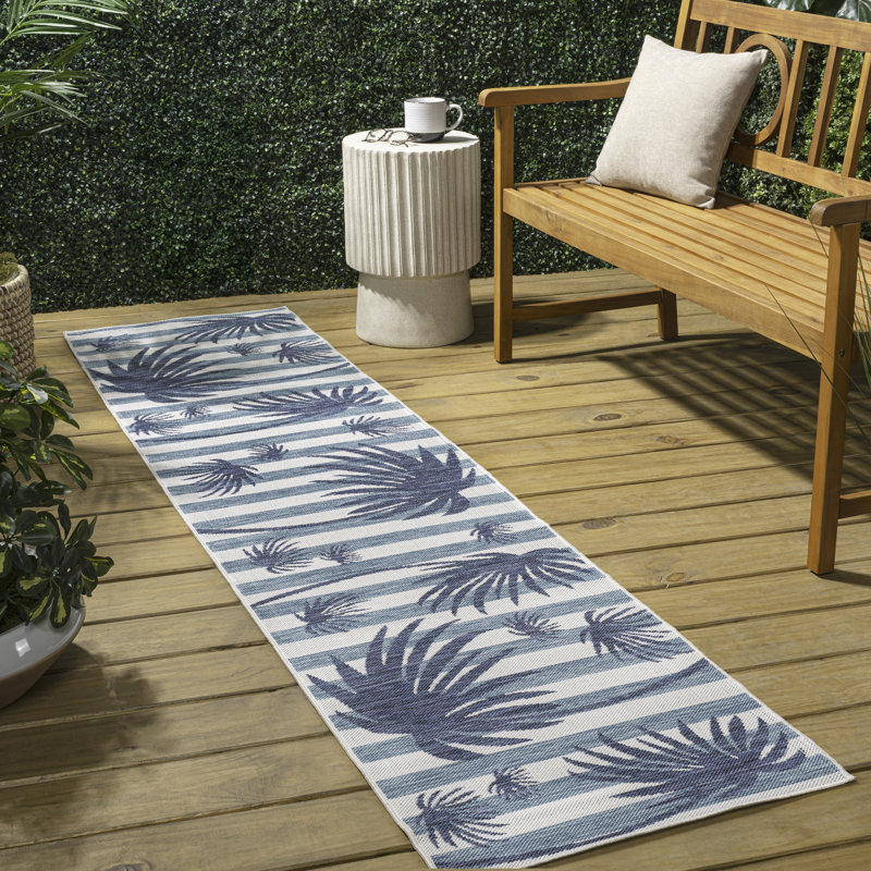 Conswello Classic Beach Stripe and Palm Leaf Navy/Cream Indoor/Outdoor Rug, Runner 2' x 7'10"