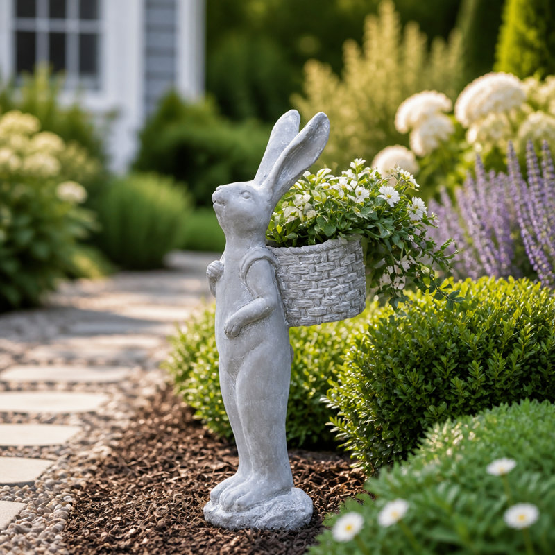 Grand panier de jardin en ciment en forme de lapin, statue de lapin debout pour la décoration du jardin