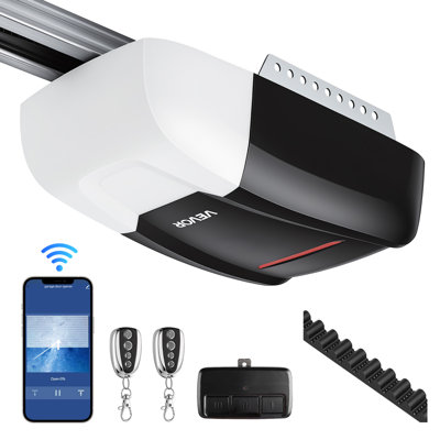 Garage Door Opener 1/2 HP Ultra-Quiet Belt Drive WiFi Smart Opener, for Residential Garage, Includes Durable Rail, 3 Remotes, Smartphone App Control, Obstacle Sensor & LED Light, Black & White