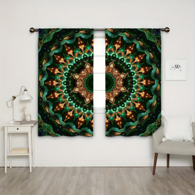 Rideau filtrant la lumière 2PCS avec motif de mandala complexe avec lune étoilée en or noir, conception géométrique vibrante, passe-tringle facile à suspendre, rideaux toutes saisons pour le salon