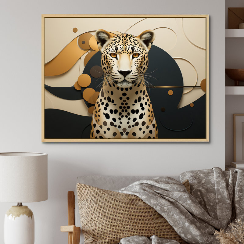 Léopard élégant géométrique - art mural léopard, Cadre naturel flottant, H 30 po x l 40 po x P 1,5 po