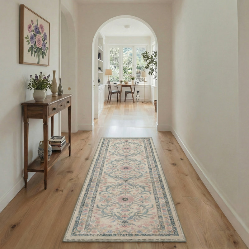 Lorelei Floral Machine Washable Beige / Pink Indoor Area Rug with Non-Slip Backing, Runner 2' x 6'