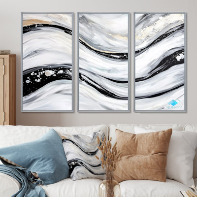 Black And Grey Stone Abstract Waves II - Abstract Modern Waves Wall Art Print Set