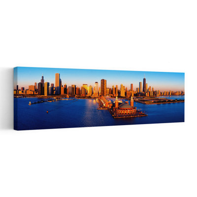 Sunrise At Navy Pier Lake Michigan Chicago Cook County Illinois USA by Vito Palmisano - Wrapped Canvas Panoramic Print