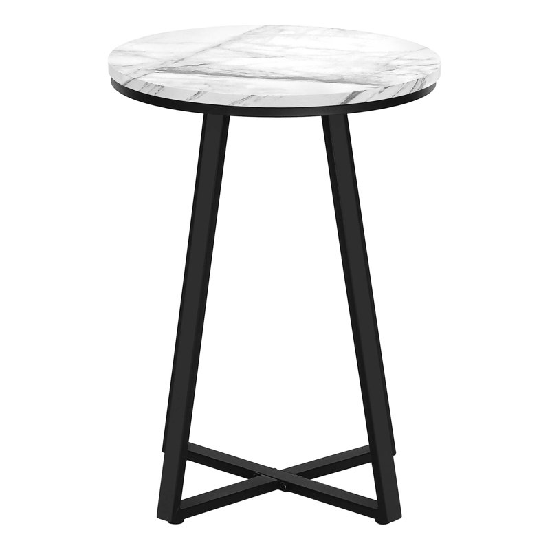 Accent Table, Side, Round, End, Nightstand, Lamp, Marble Look Laminate, Black Metal, White
