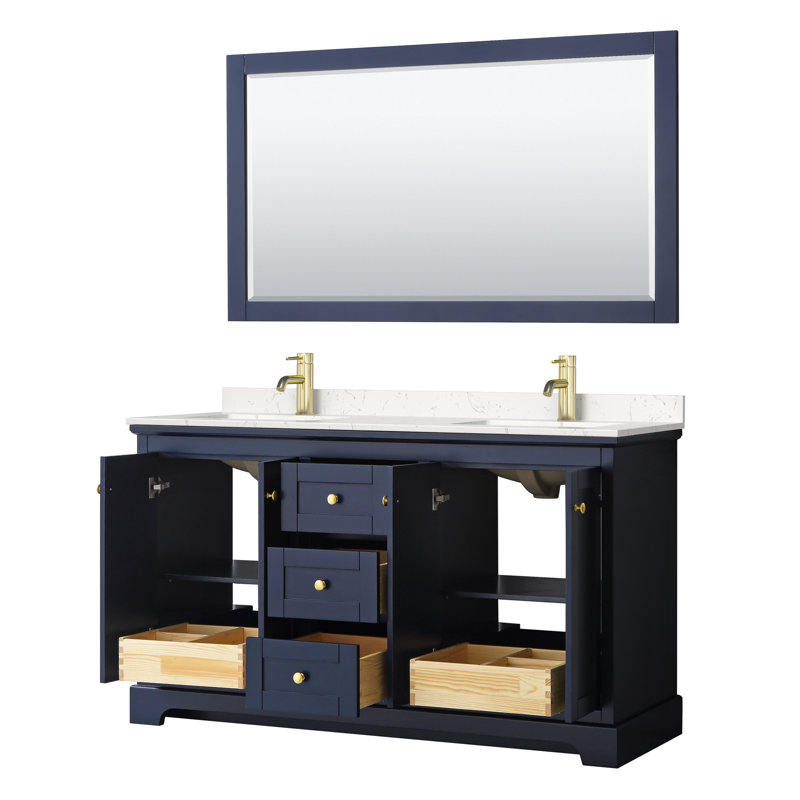 Avery 60'' Double Bathroom Vanity with Marble Top with Mirror, Carrara Cultured Marble, Dark Blue, Brushed Gold