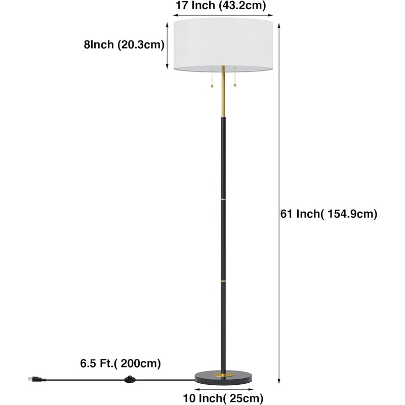 Lampe sur pied à 2 lumières, lampe sur pied de style Mid-Century avec abat-jour en tissu blanc, grande lampe sur pied pour chambre à coucher dans le salon, ampoule à température de couleur de 9 W incluse