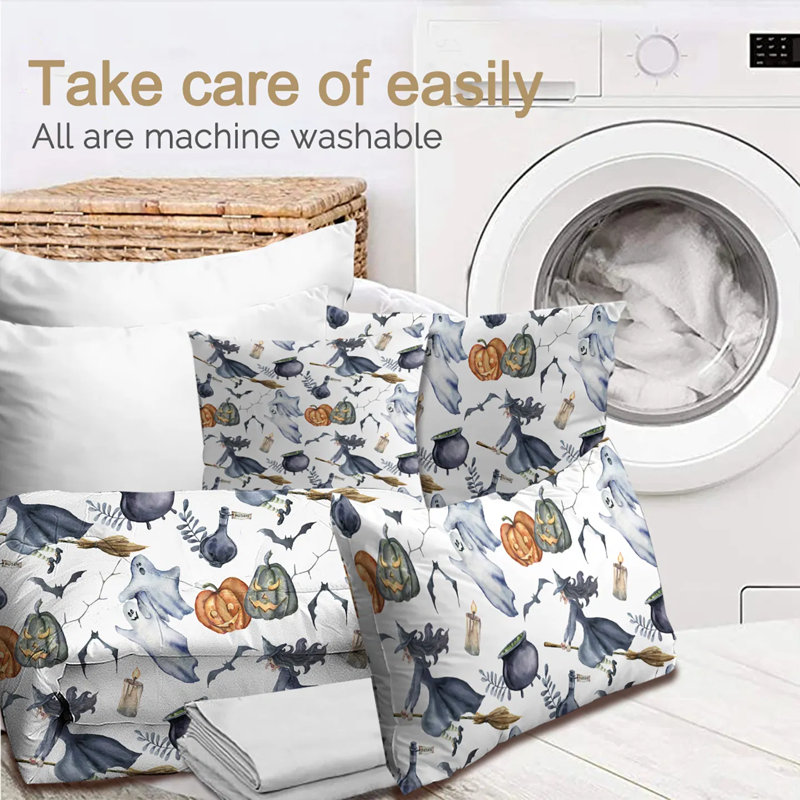 Ensemble d'édredon 8 pièces pour très grand lit Halloween, ensemble de literie dans un sac à motif de sorcière avec 1 édredon, 2 taies d'oreiller, 1 drap plat, 1 drap-housse, 2 taies d'oreiller, 1 housse de coussin - toutes saisons