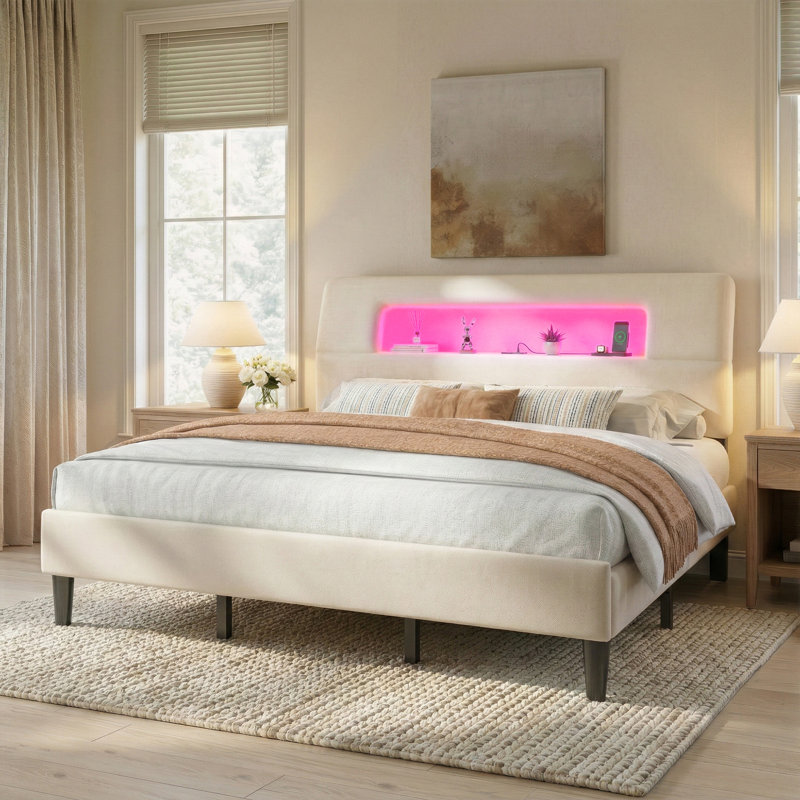 Upholstered Platform Bed with Storage Headboard,Velvet Bed Frame with RGB LED Lights & Charging Station, Beige, K