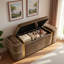 Banc ottoman moderne rembourré avec compartiment de rangement dissimulé, couvercle rabattable et bandes décoratives en métal doré-1069937283-1069937400