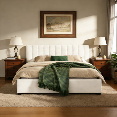 King Size Upholstered Bed Frame With Linen Fabric, Thick Headboard And Solid Wood Legs, Beige