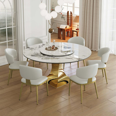 Ensemble de table de salle à manger de 59 po en pierre frittée 59 po avec base de sablier en acier inoxydable et 6 chaises rembourrées - table de cuisine en marbre de luxe moderne pour 4 à 6 personnes