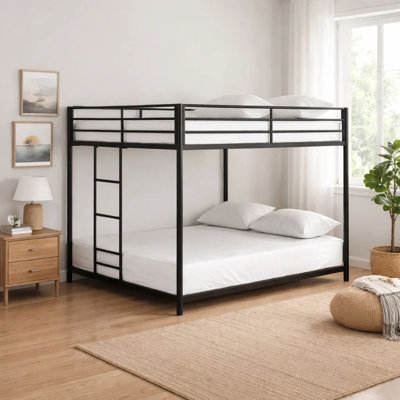 Ady Low Profile Full Over Full Bunk Bed With Ladder, Black Metal Frame