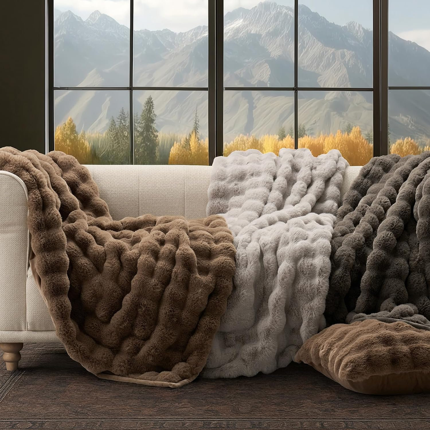 Faux Fur Weighted Throw Blanket, Natural Tan, 90" L x 90" W