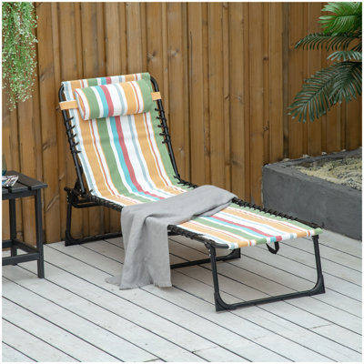 Chaise longue de piscine pliante Outsunny, chaise de bronzage de patio, chaise longue d'extérieur avec dossier inclinable à 4 positions, coussin, siège respirant en filet et à l'élastique pour la plage, la cour, le patio et les rayures arc-en-ciel