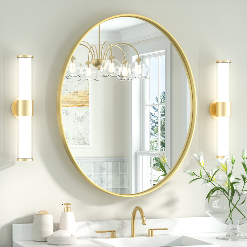Miroir de salle de bain mural ovale en métal incurvé moderne Juriana, H 22 po x l 30 po x P 2 po, Or