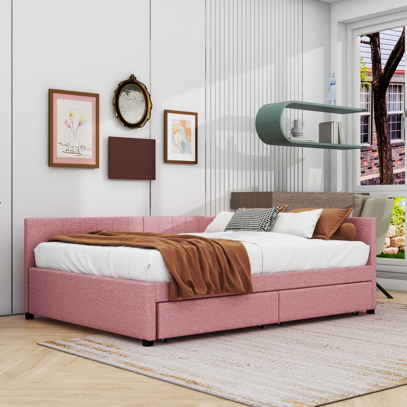 Full Upholstered Sofa Daybed with Drawers, Pink
