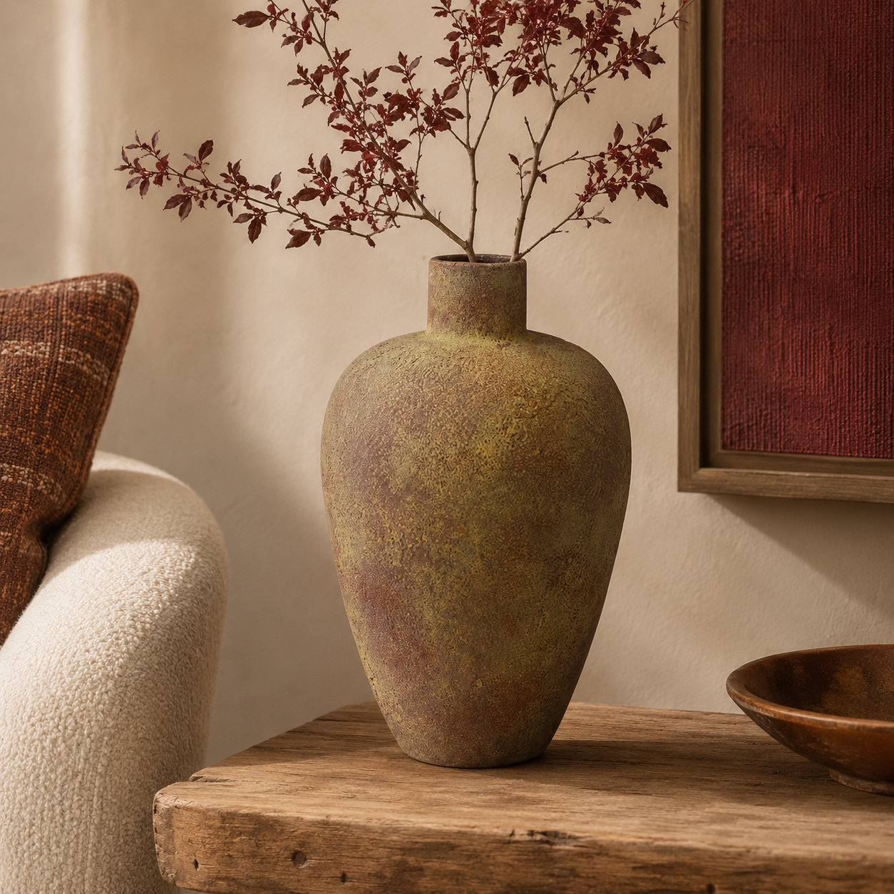 Cole and Ceramic Wide Textured Decorative Vase with Brown Accents, Red