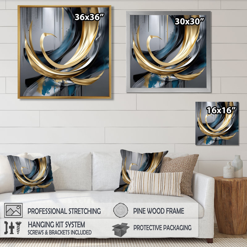 Inception liquide or Curl - vagues art mural salon, H 16 po x l 16 po, Cadre flottant doré