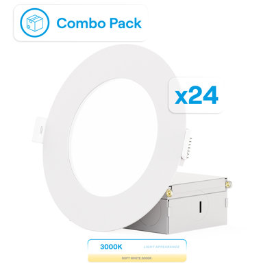 Infibrite 4 Inch Thin Recessed LED Ceiling Light Kit with Warm White 3000 Kelvin Light, 9 Watt, 750 Lumens, Dimmable, Wet Rated, Set of 24