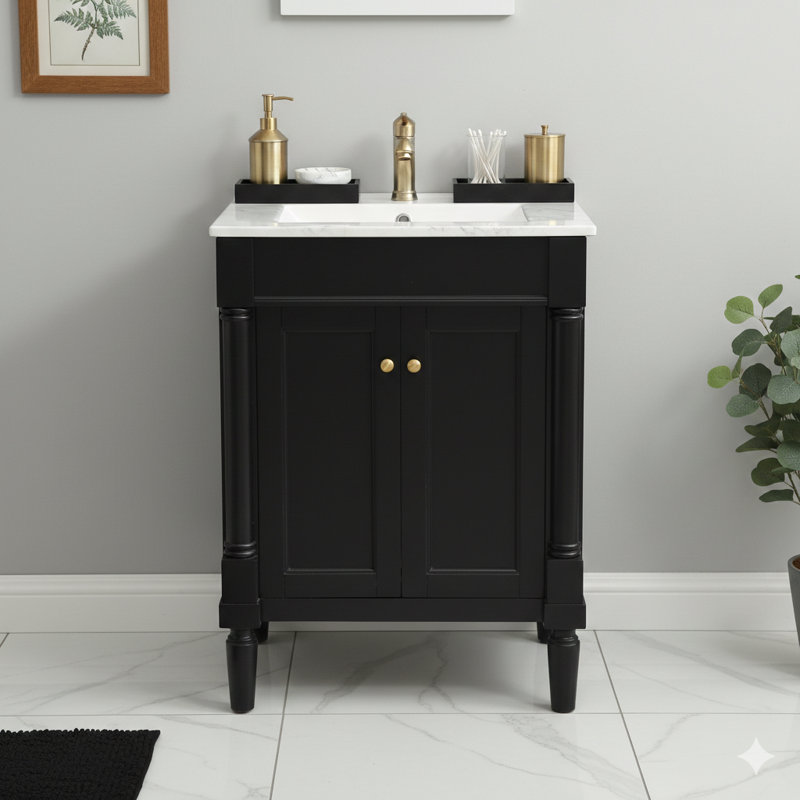 Meuble-lavabo de 24 po avec lavabo monté sur le dessus, armoire de rangement moderne à 2 niveaux, meuble-lavabo simple avec grandes tablettes