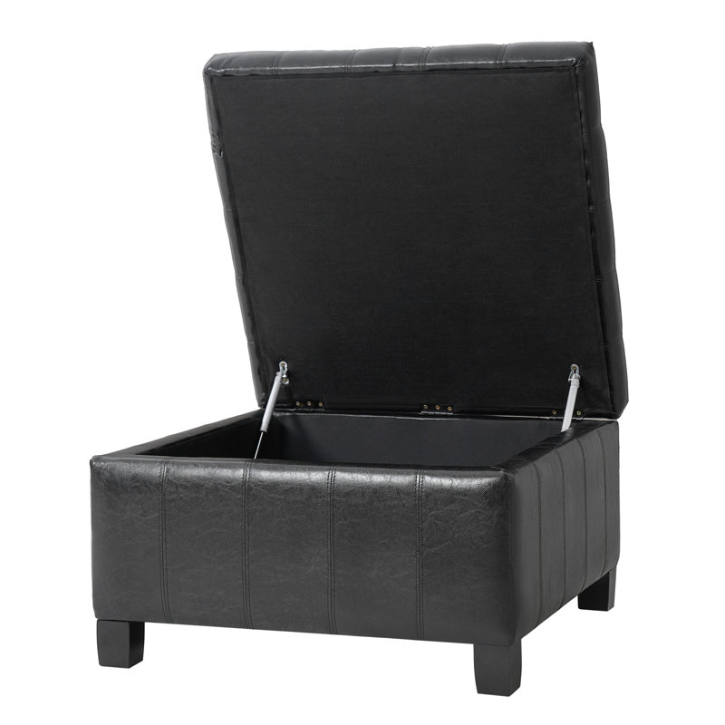 Repose-pieds de rangement en polyuréthane noir avec pieds en bois d'hévéa, Noir