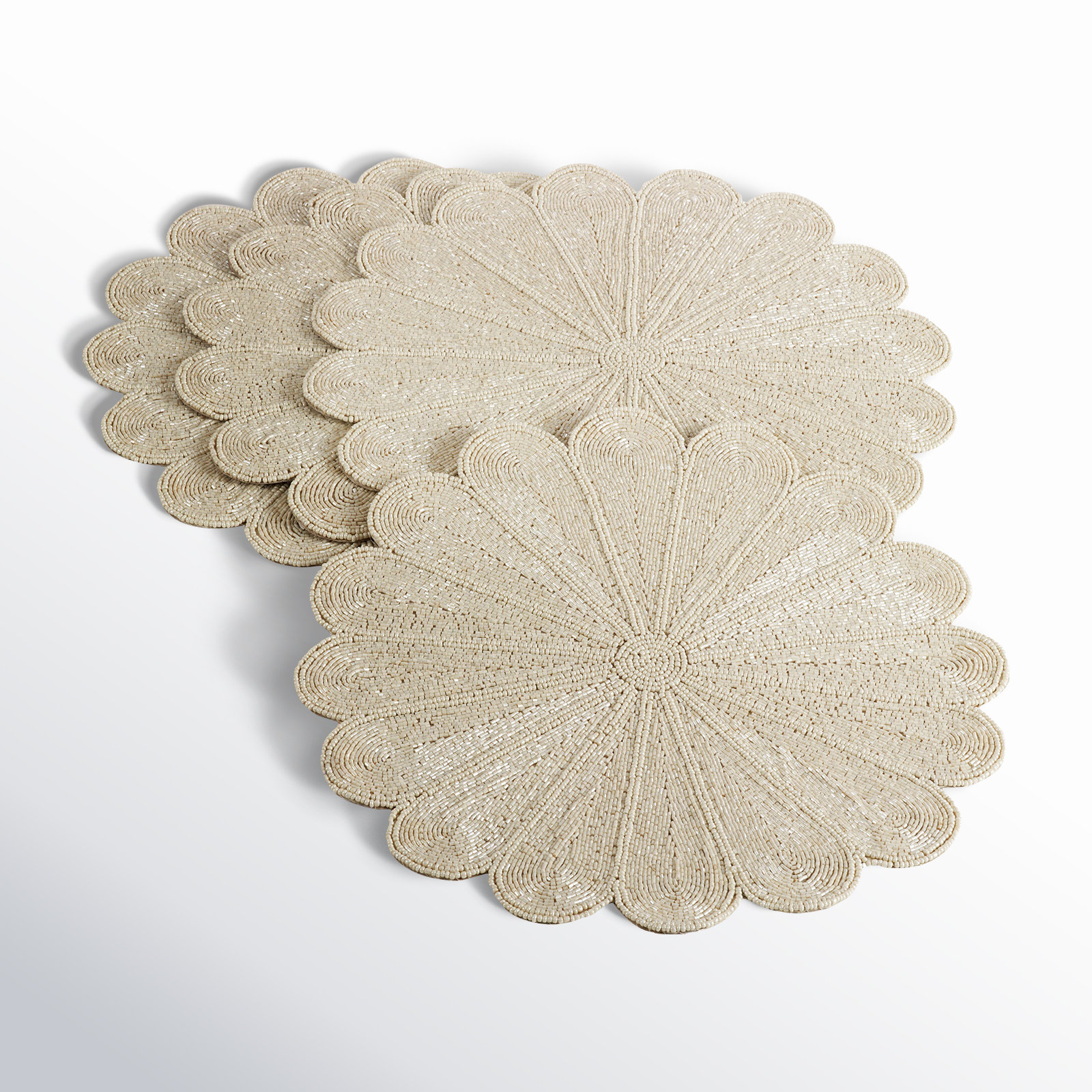 Kaeto Flower Design Beaded 15" Glass Placemat, Ivory