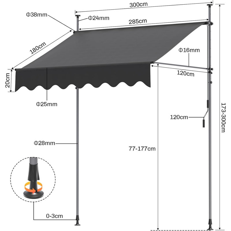 13cm X 11cm Rectangular Balcony Parasol, Grey