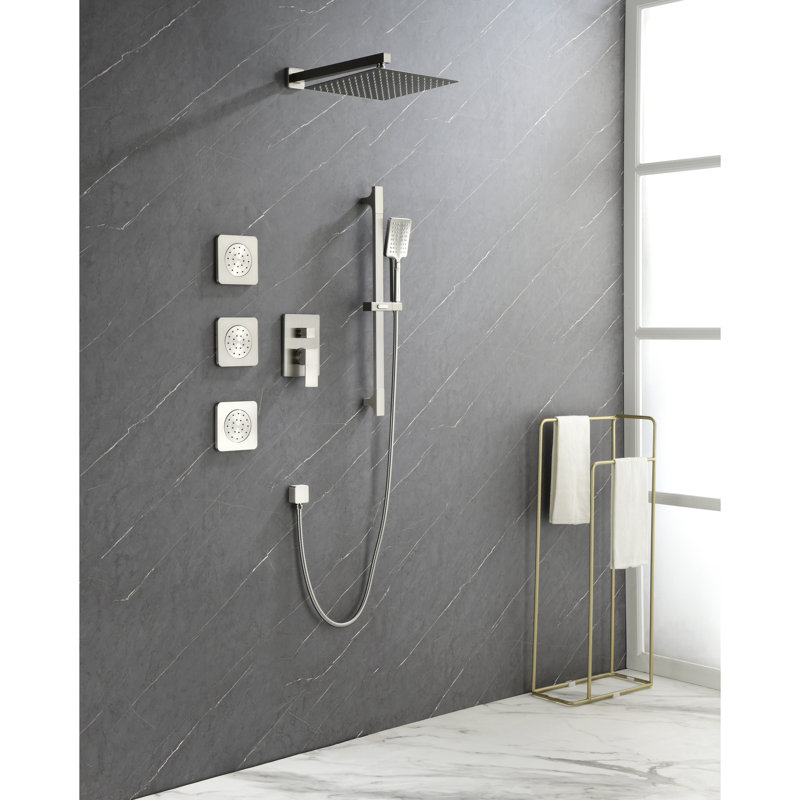 Modern Brushed Nickel Bathroom Shower System With Head, Hand Shower, Slide Bar, Bodysprays Luxury, Brushed Nickel