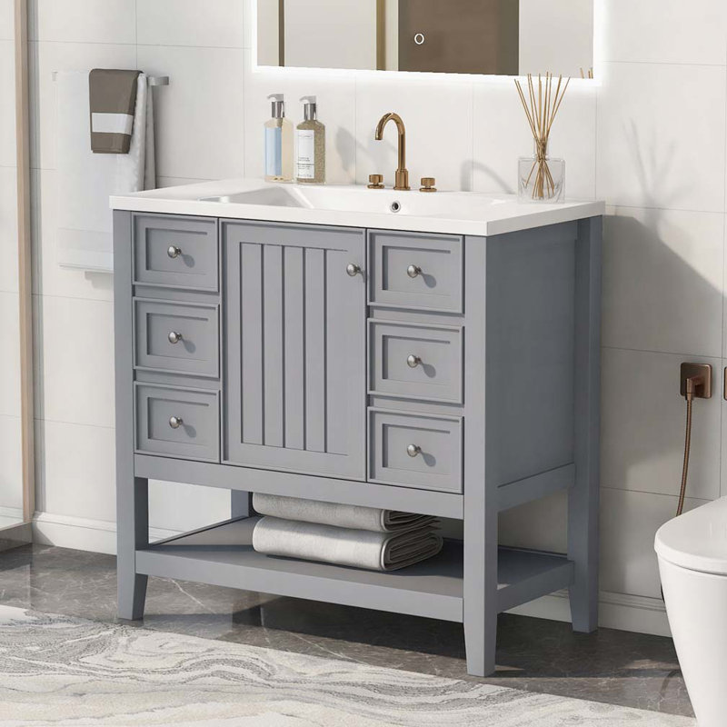 Meuble-lavabo 36 po avec lavabo en céramique, Gris