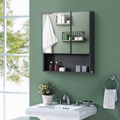 Armoire à pharmacie murale, miroir de salle de bain avec portes doubles et tablettes de rangement