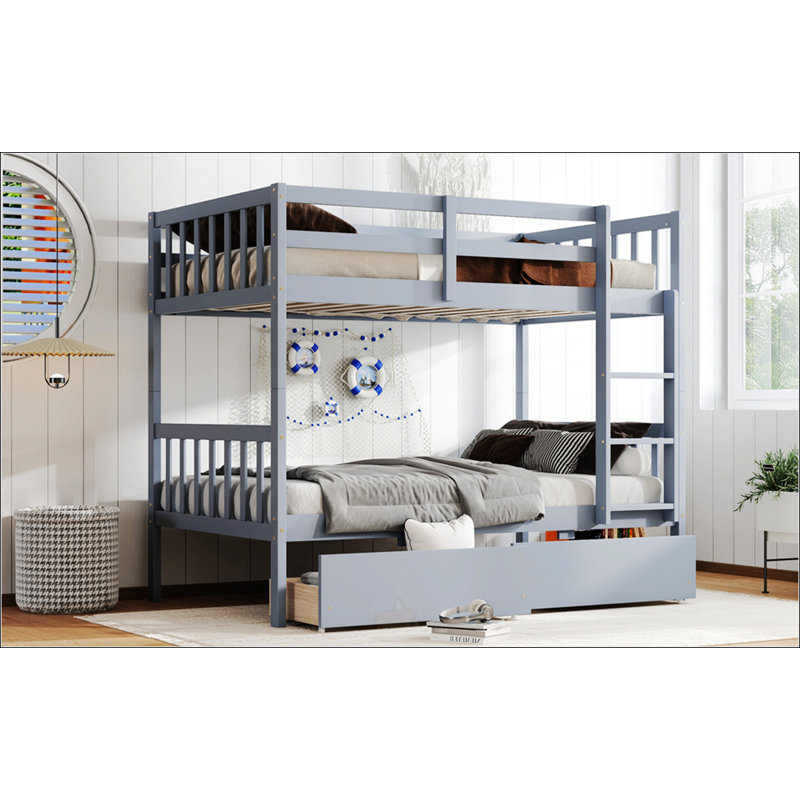 Lit superposé simple en bois d'hévéa simple avec 2 tiroirs, convertible en 2 lits simples, idéal pour économiser de l'espace et une utilisation polyvalente dans les chambres d'enfants ou les chambres d'amis